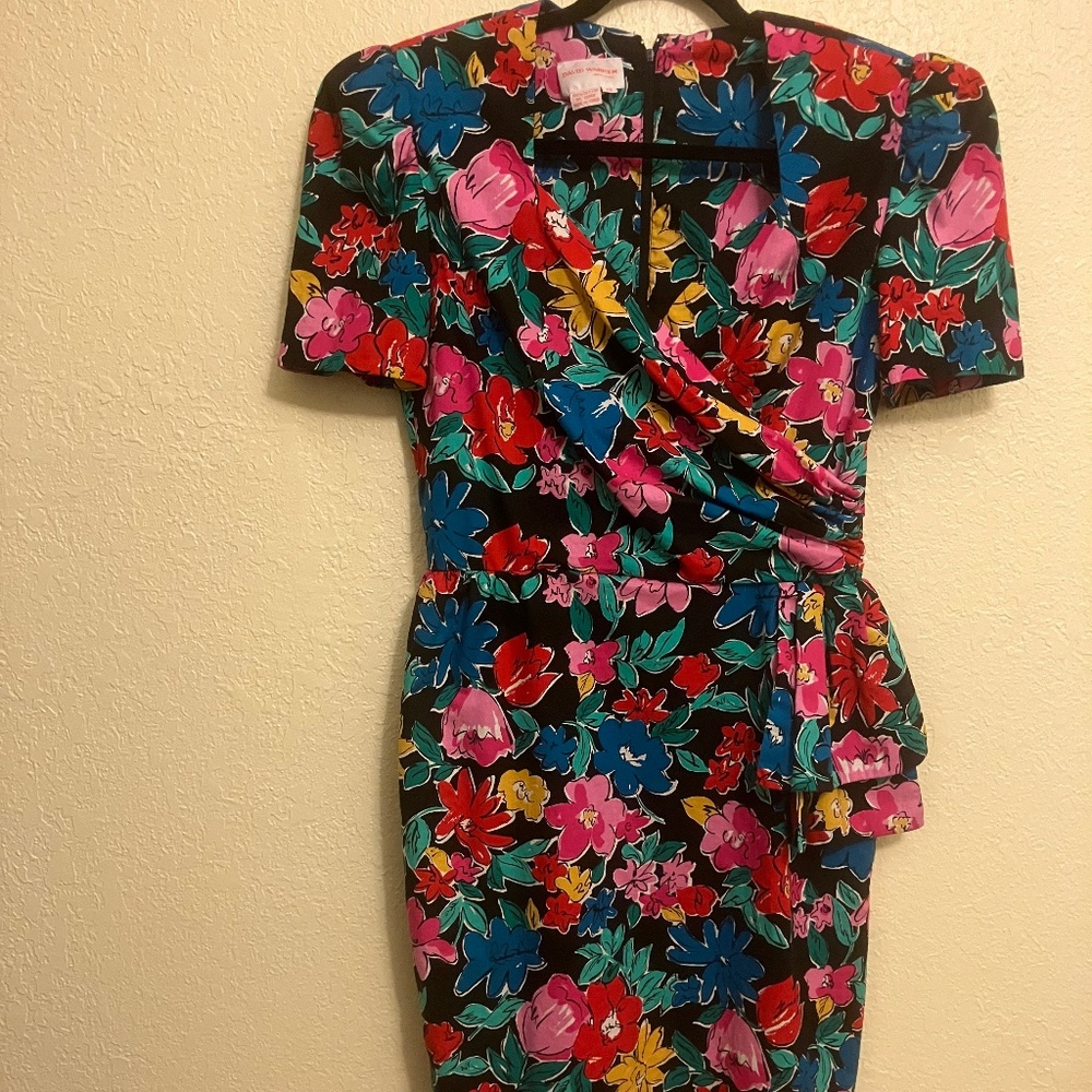 Vintage David Warren Dress Midi Multi-Colored Floral Print Cotton Size 12
